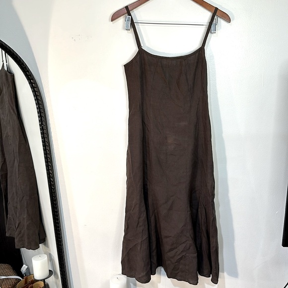 Vintage Dresses & Skirts - vintage linen brown chocolate summer dress fit and flare ruffle small drop waist